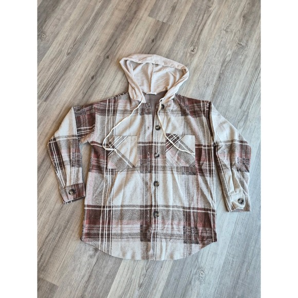 Reborn J Jackets & Blazers - Reborn J Womens Plaid Hooded Shacket Brown Cream Button Front T14159-CK82 Small